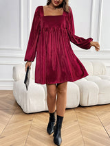 Square Neck Lantern Sleeve Back Tie Mini Dress