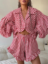 Latern Long Sleeve Plaid Shirt & Shorts Set