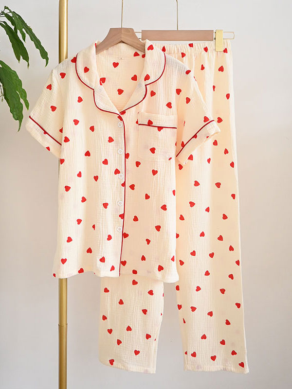 Hearts Printed Cotton Pajama Set