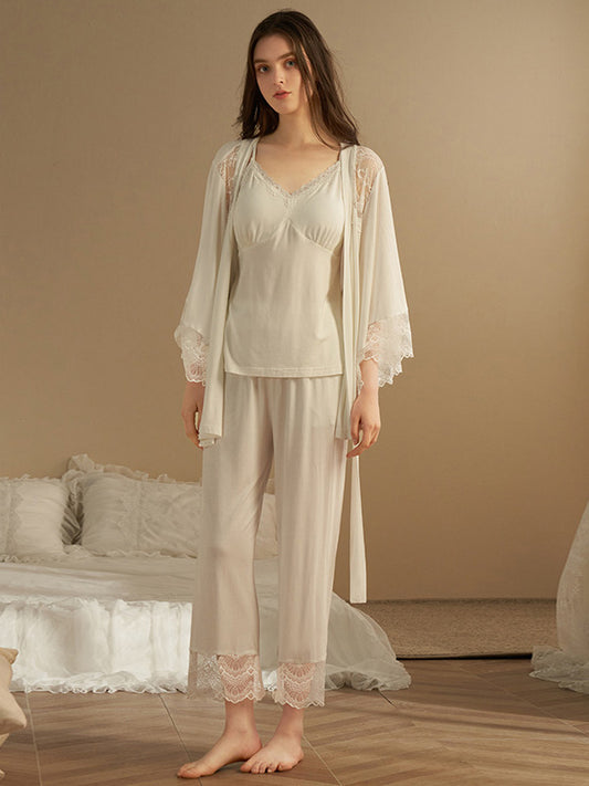 Modal 3 Pcs Lace Design Pajama Set