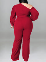 Solid Color Tie Up Lantern Sleeve Jumpsuits