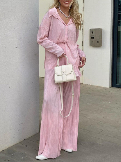 Two Piece Pleated Loose Shirt Wide Leg Pants Set