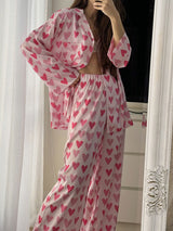 Heart Printed Loose Long Sleeve Pajama Set