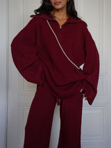 Knit Solid Color Zipper Top & Straight Pant Set