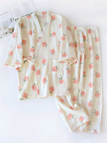 Pink Peaches Cotton Pajama Robe Set