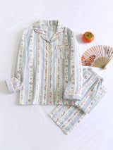 Floral Long Sleeve Blue Striped Pajama Set