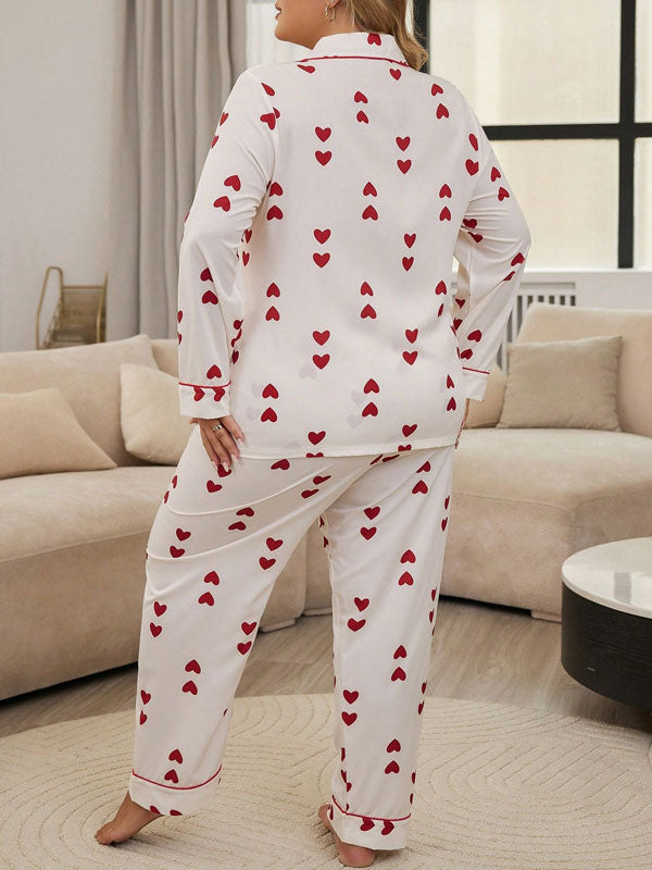 Plus Size Heart Printed Long Sleeve Pajamas