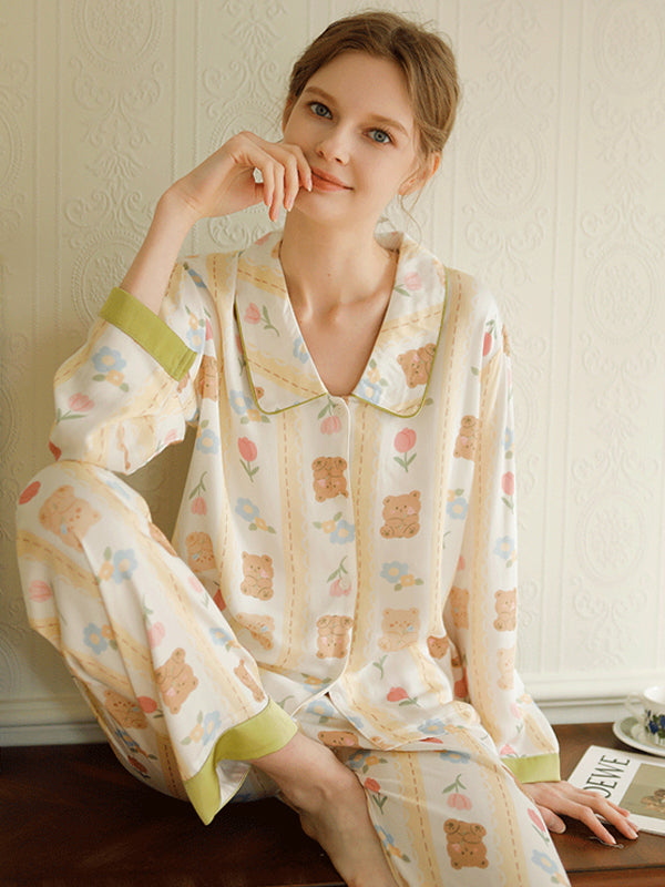Bear and Floral Print Cotton Pajamas