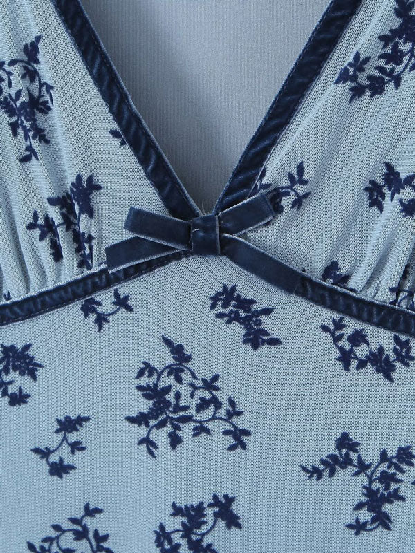 Blue V Neck Floral Print Mini Dress