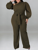 Solid Color Tie Up Lantern Sleeve Jumpsuits