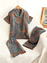 Retro Leaves Printed 3Pcs Short Sleeve Pajama Set