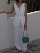 Sleeveless Vest & Long Pants White Two Piece Set