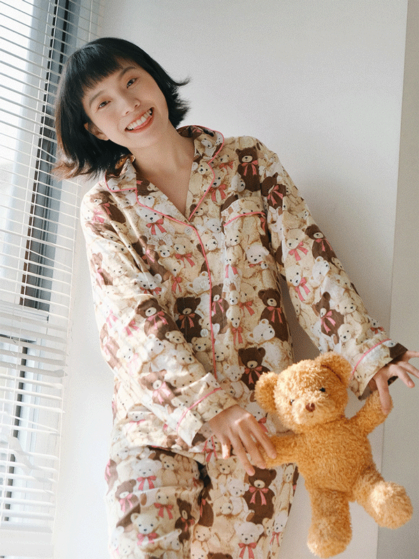 Long Sleeve Teddy Bear Print Pajama Set