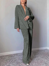 Solid Color Velvet Jacket & Wide Leg Pant Set