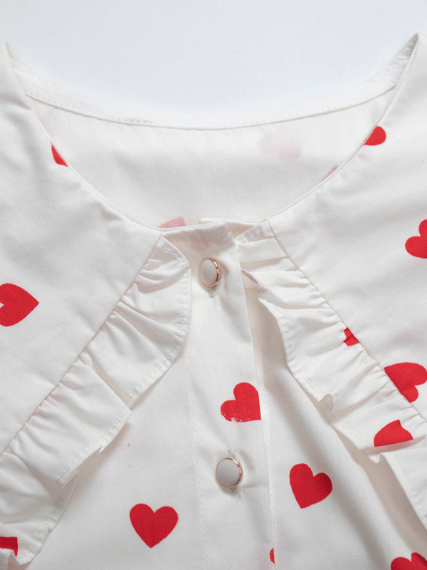 Ruffled Trim Collar Heart Polka Dot Button Shirt