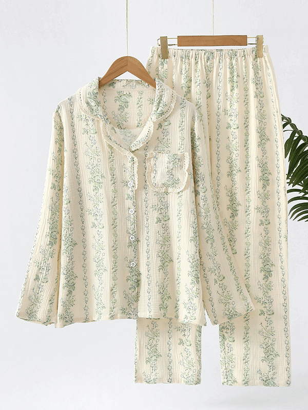 Floral Print Lace Trim Pajama Set