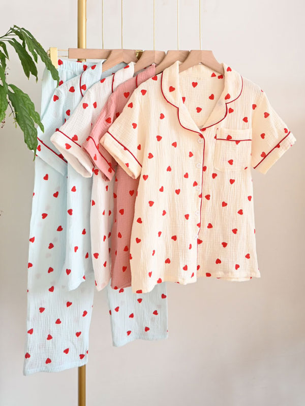 Hearts Printed Cotton Pajama Set