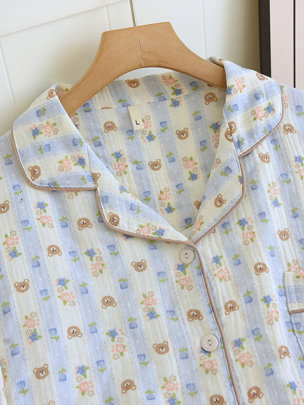 Long Sleeve Teddy Bear Printed Striped Pajamas