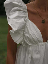 Ruffle Short Sleeve White Midi Dress