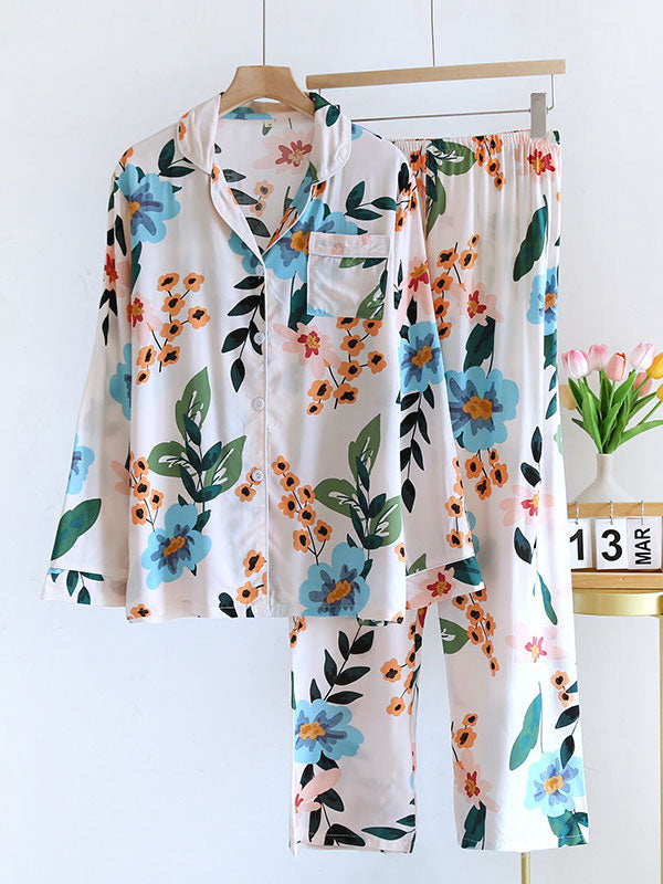 Lapel Long Sleeve Print Pajama Set