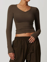 V Neck Long Sleeve Fitted Crop Top