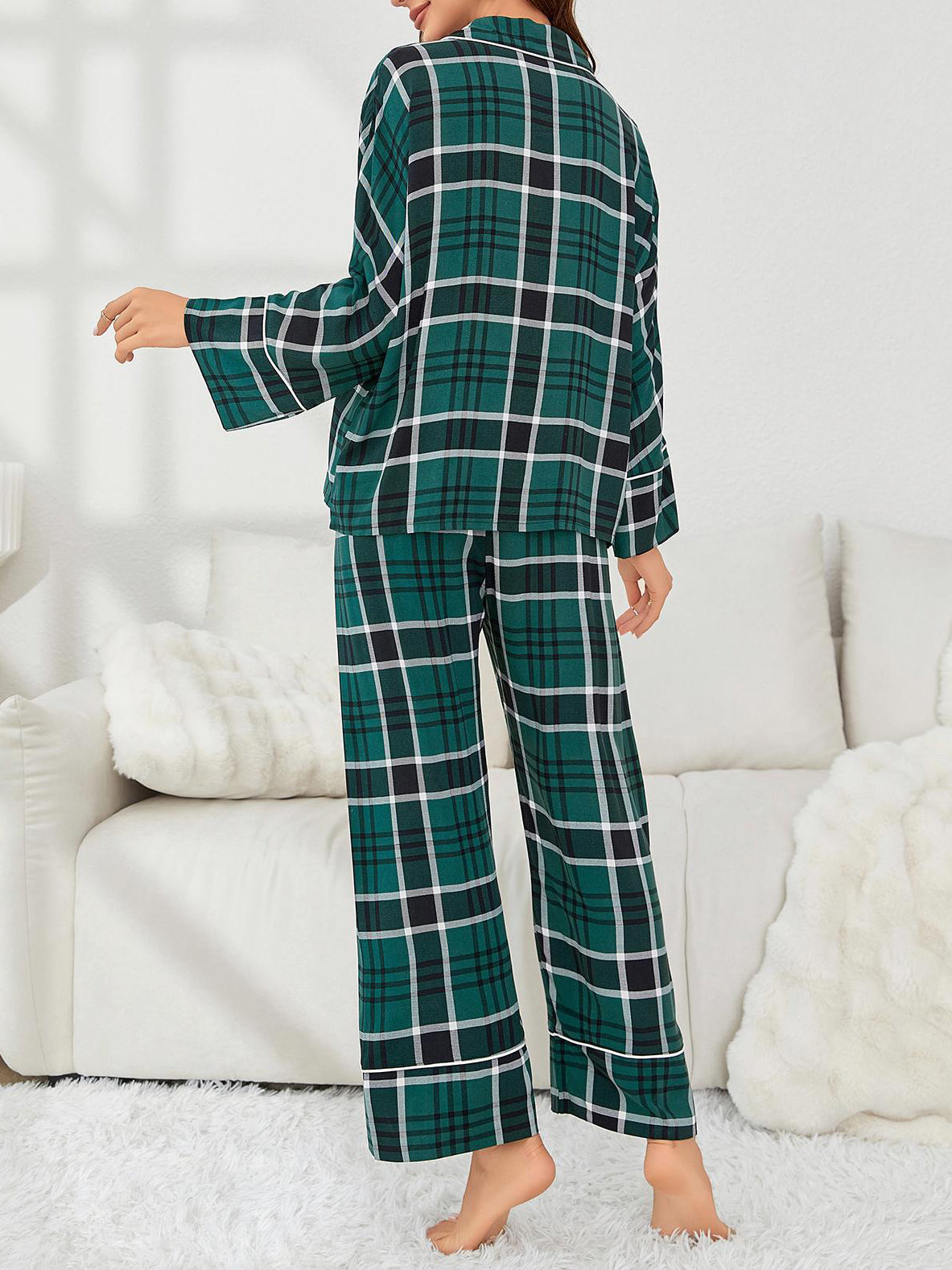 Color Contrast Plaid Long Sleeve Pajama Set