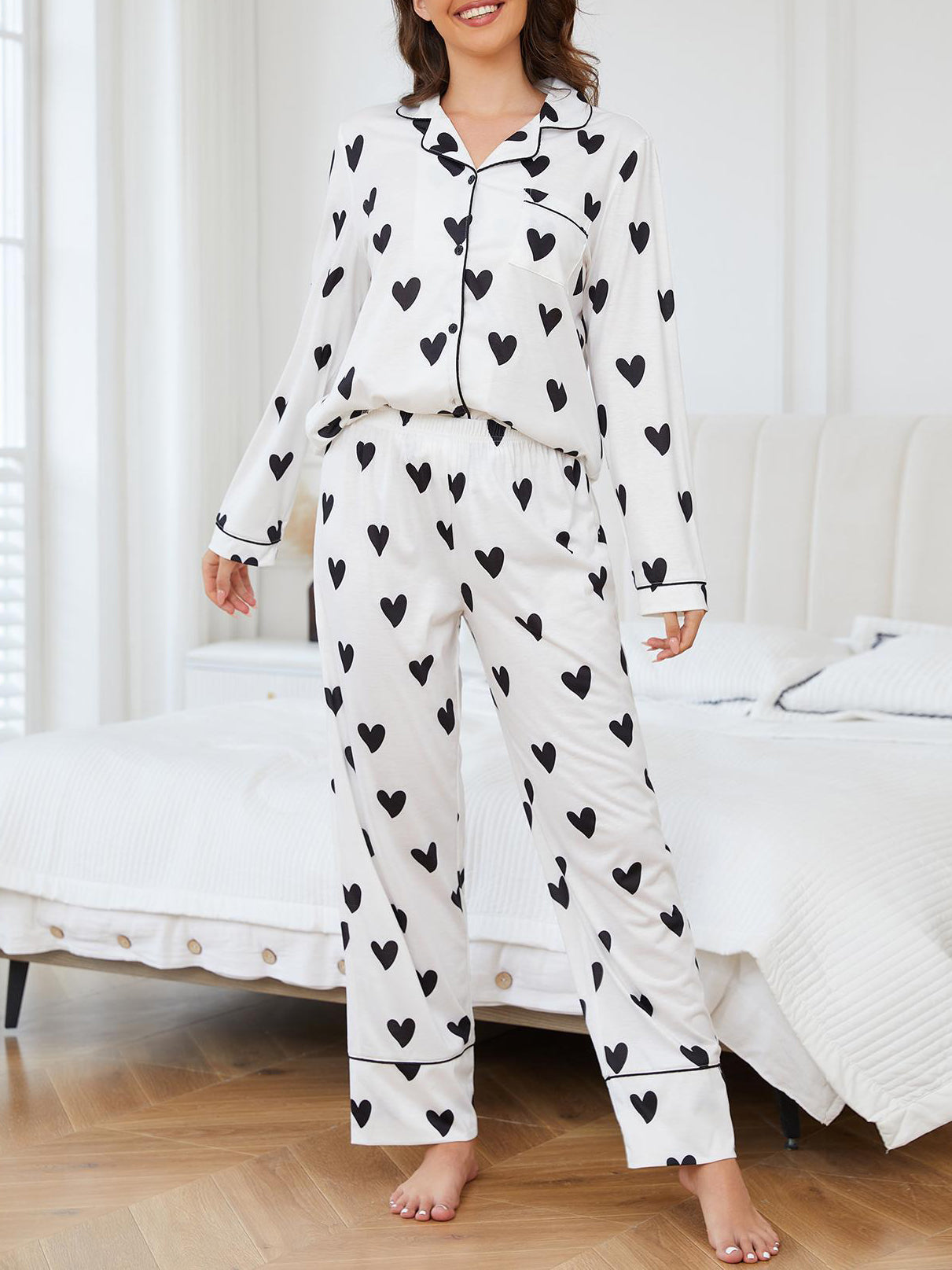 Heart Print Long Sleeve Pajama Set