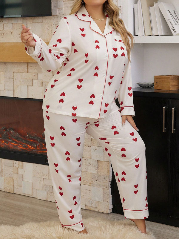 Plus Size Heart Printed Long Sleeve Pajamas