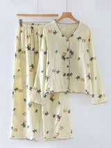 V Neck Button Cotton Pajama Set