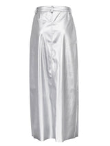 Front Split Silver Color Leather Midi Skirt