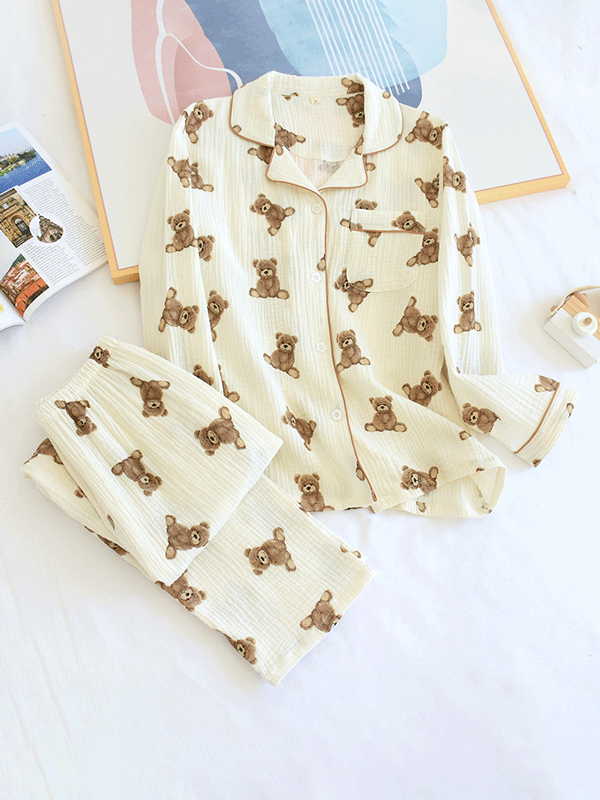 Long Sleeve Cotton Bear Print Crepe Pajamas