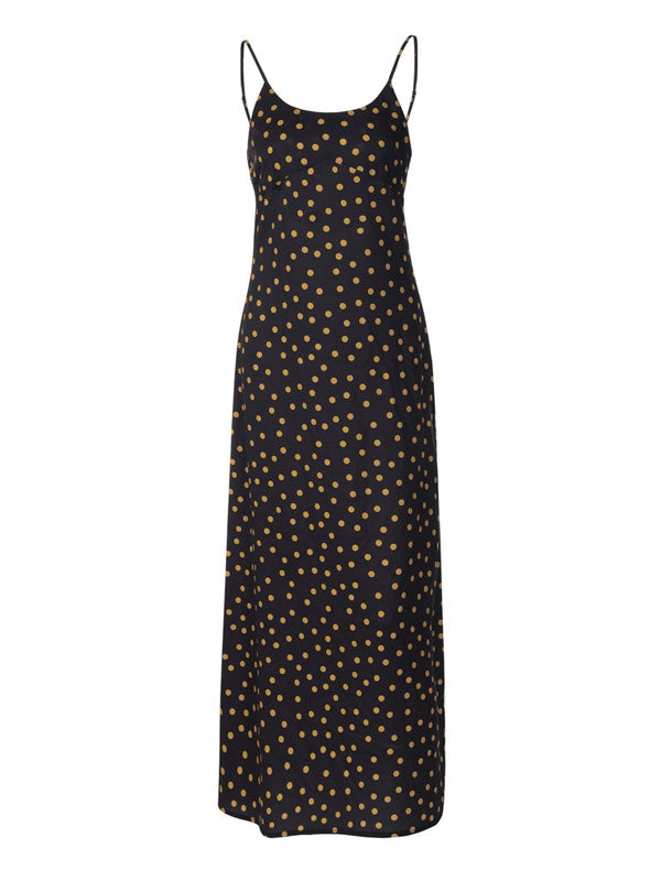 Polka Dot Print V Neck Black Midi Dress