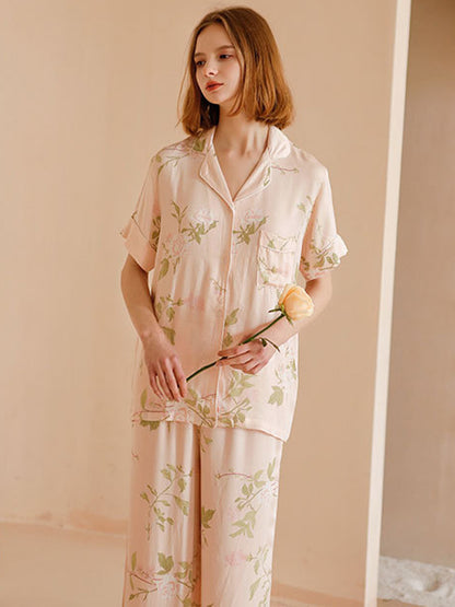 Flower Print Cotton Short Sleeve Pajamas