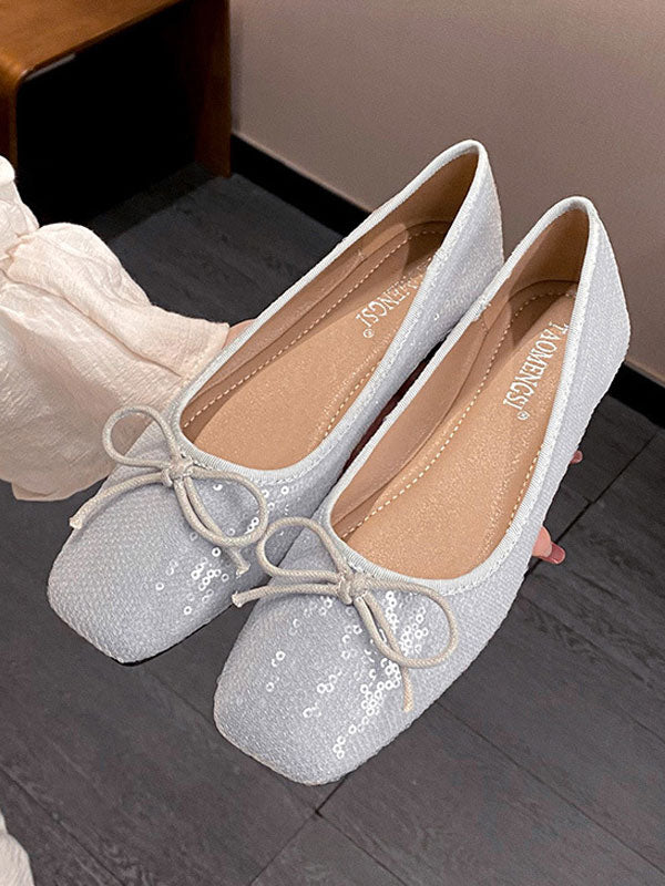 Square Toe Sequin Bow Flat Ballet Flats