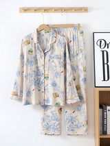 Vintage Blue Flowers Long Sleeve Pajama Set