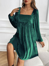 Square Neck Lantern Sleeve Back Tie Mini Dress