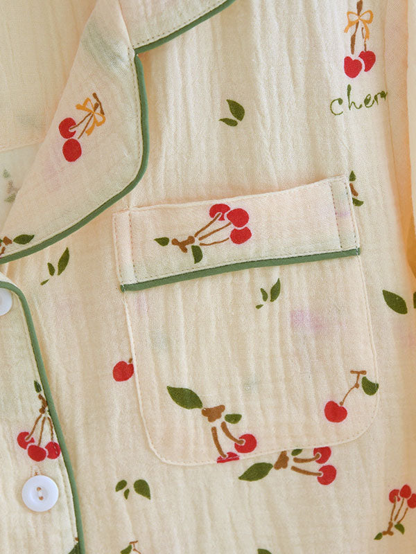 Cherry Print Long Sleeve Cotton Cotton Pajamas