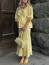 Lace-up Shirt and Maxi Skirt Two Piece Set