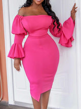 Off Shoulder Bell Sleeve Bodycon Midi Dress