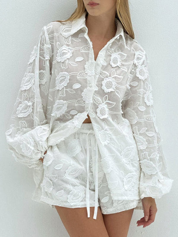 Embroidered Sheer White Shirt & Shorts Set