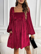 Square Neck Lantern Sleeve Back Tie Mini Dress