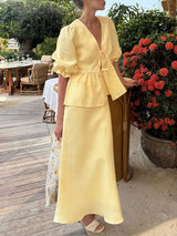 Lace-up Shirt and Maxi Skirt Two Piece Set