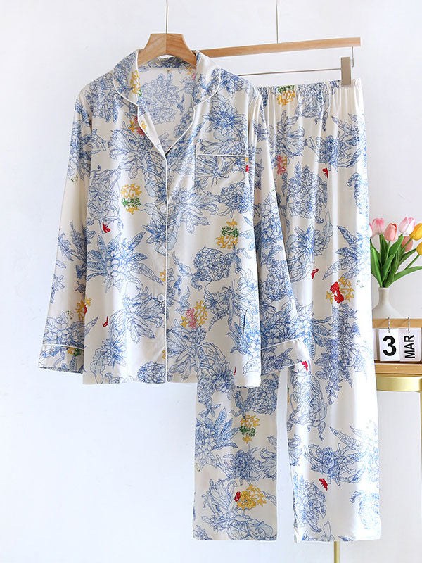 Lapel Long Sleeve Print Pajama Set