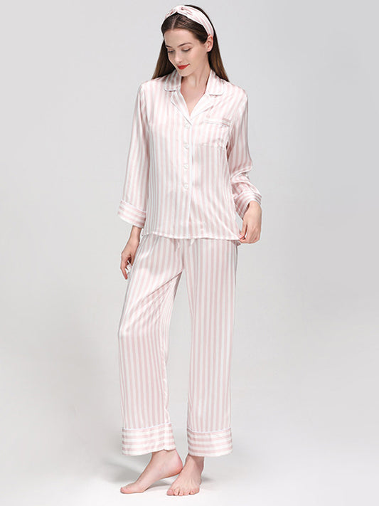 19 Momme Strip Print Long Sleeve Pajama Set