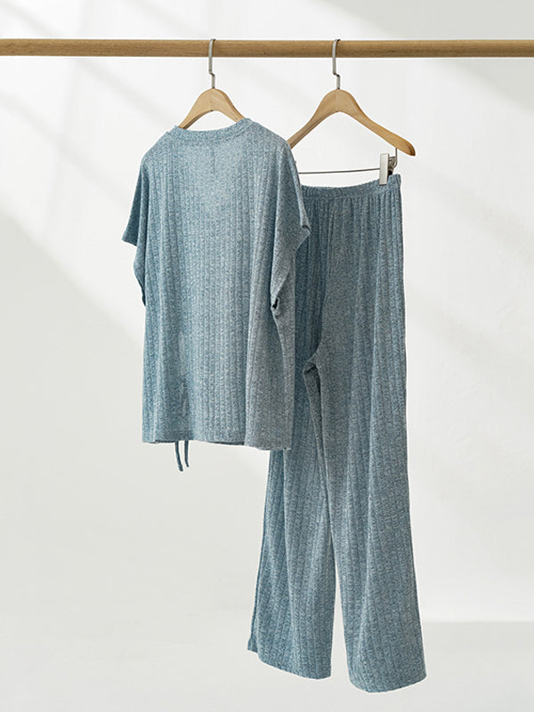 Two Pieces Knitted Drawstring Top & Long Pants Set