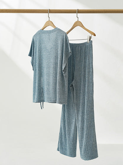 Two Pieces Knitted Drawstring Top & Long Pants Set