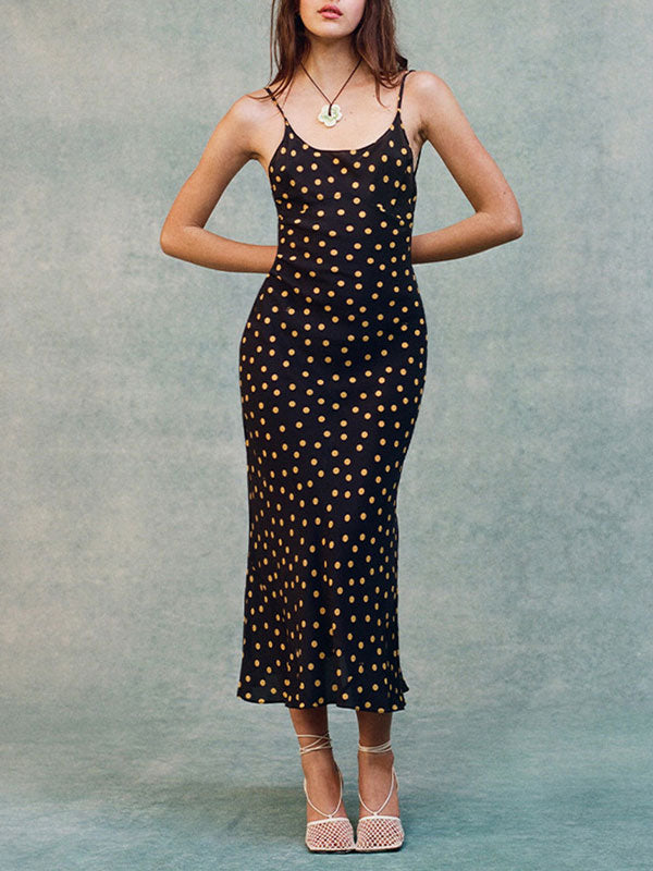 Polka Dot Print V Neck Black Midi Dress