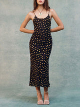 Polka Dot Print V Neck Black Midi Dress