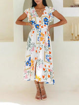 Floral Printed V Neck Cute Maxi Dress