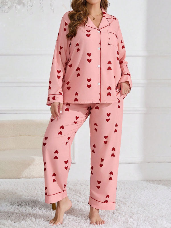 Plus Size Heart Printed Long Sleeve Pajamas